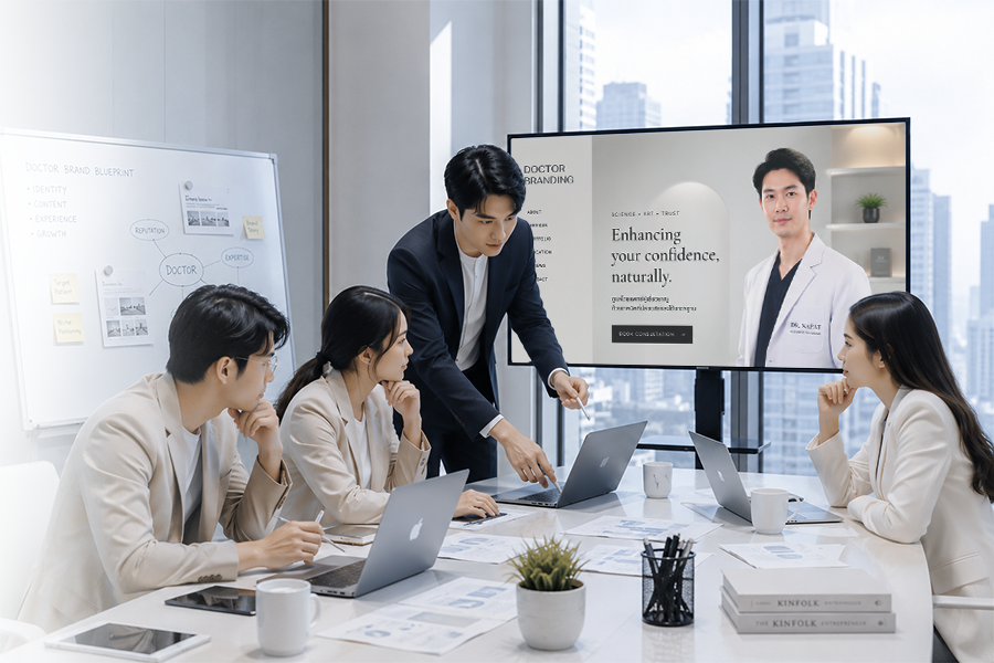 Doctor Branding's team reviewing a doctor's website and brand strategy together in a meeting room.
