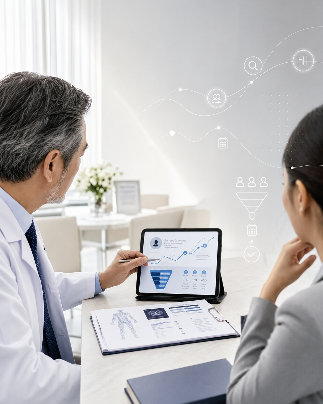 A doctor reviewing a patient analytics dashboard on a tablet with a colleague.