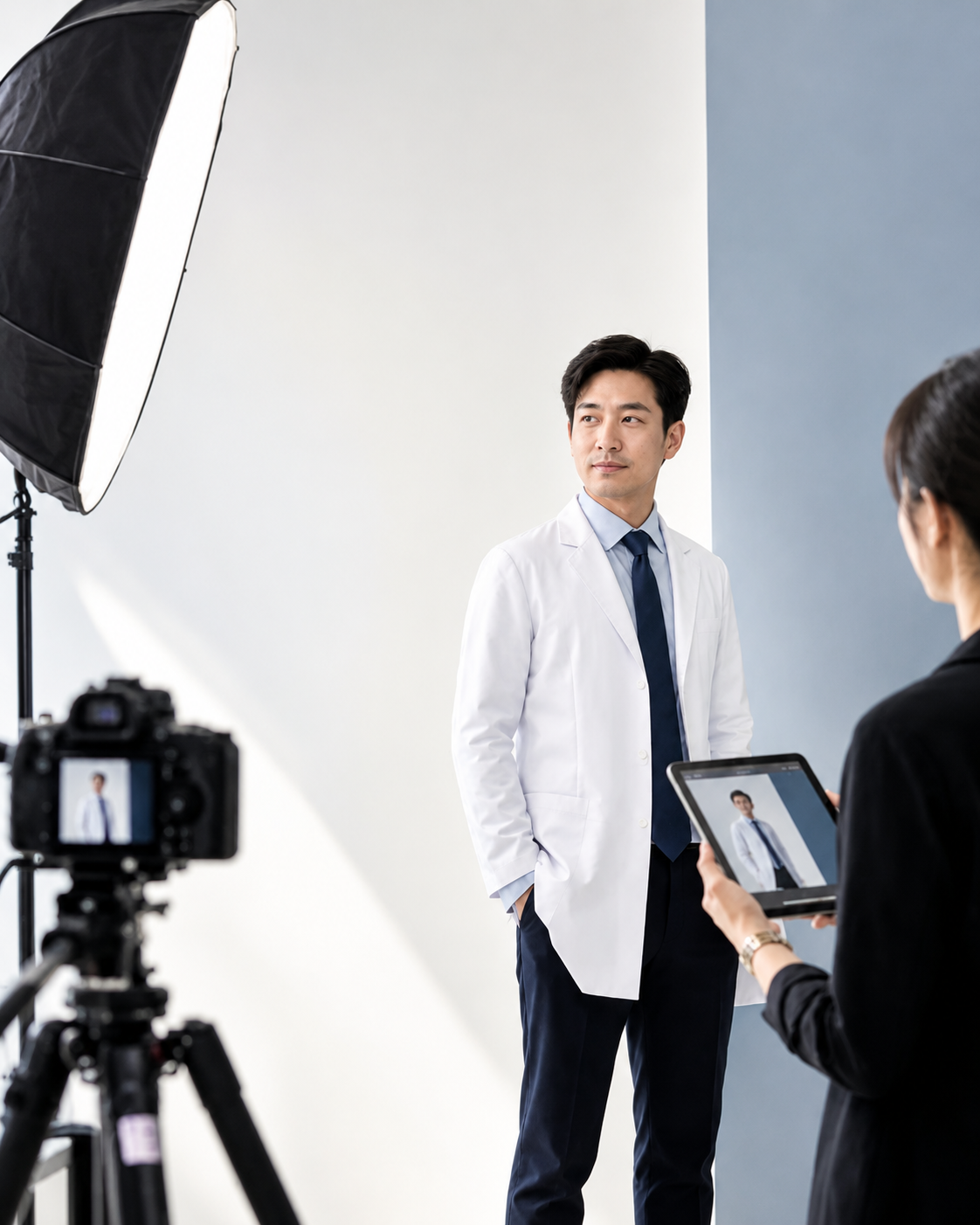 A doctor being photographed in a studio for a personal-brand portrait shoot.