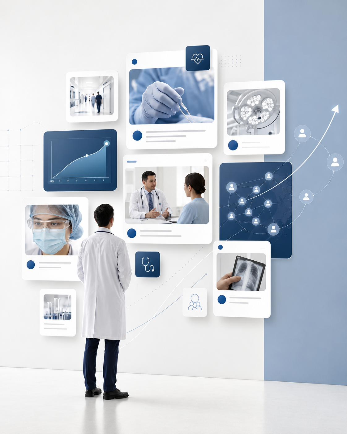 A doctor viewing a wall of curated medical content and brand stories.